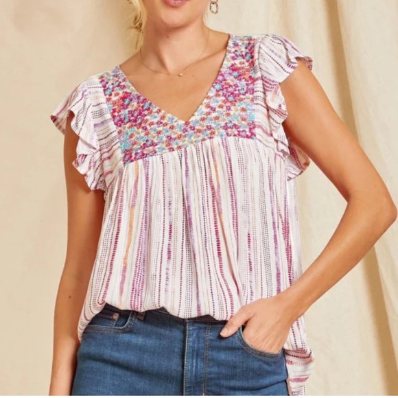 Savanna Jane Tops - Savanna Jane Floral Embroidered Flutter Sleeve Top Shirt Blouse (Bb)